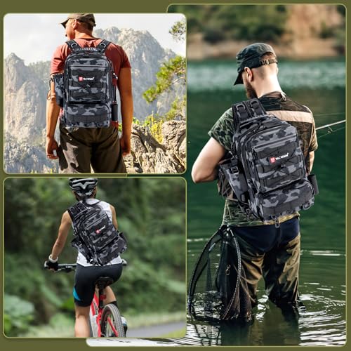 Dolodomy Fishing Backpack With Rod Holder, Fishing Tackle Storage Bags Fishing Tackle Box Backpack Fishing Tackle Bag (Black Camo)