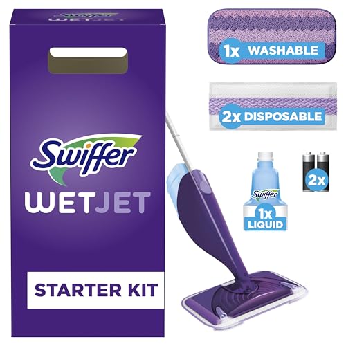Swiffer Balai WetJet, Kit de Démarrage (1 Balai + 1 Lingette Micro-Fibre Lavable + Lingettes Jetables + 1 Solution Nettoyante), Solution Multi-Surfaces, Élimine la Saleté Sans Traces ni Résidus