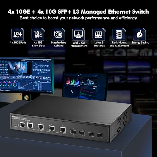 Image of MokerLink 8 Port 10G Managed Switch, 4x10G Ethernet RJ45 Ports, 4x10G SFP+ Slot, L3 Web /CLI Managed, Metal Desktop|Wallmount Network Switch