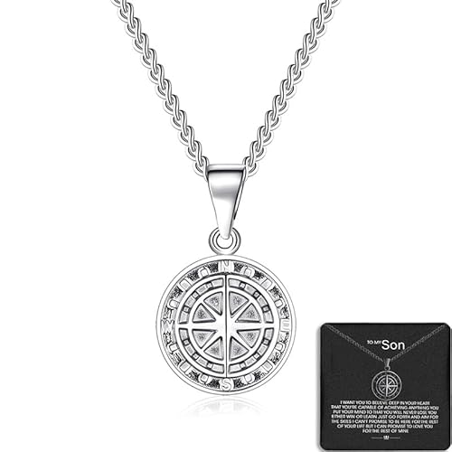 WEWLYXGS To My Son - Compass Pendant Necklace, Stainless Steel Compass Pendant Necklace, Personalized Engraved Compass Necklace,Handcrafted Coin Compass Necklace,Cool Jewelry Gift for Men (Sliver)