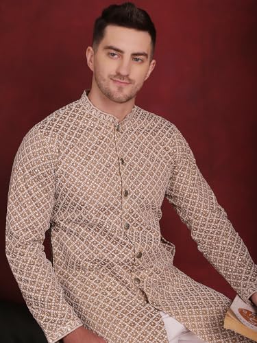 Image of Jompers Men's Silk Blend Regular Fit Sequin Chikankari Front Open Kurtas