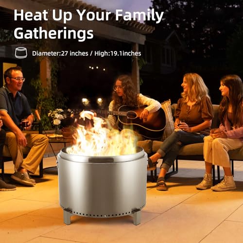 27in Outdoor Stainless Steel Smokeless Fire Pit, Low Smoke Outdoor Mini Fire, Outside Bonfire for Backyard, Camping, Picnics, with Firehook, Handle