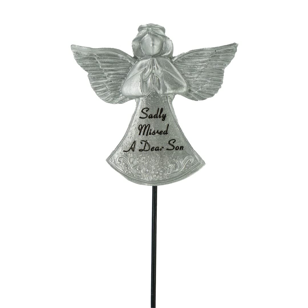 Sadly Missed Son Silver Guardian Angel Memorial Tribute Stick Graveside Plaque Ornament