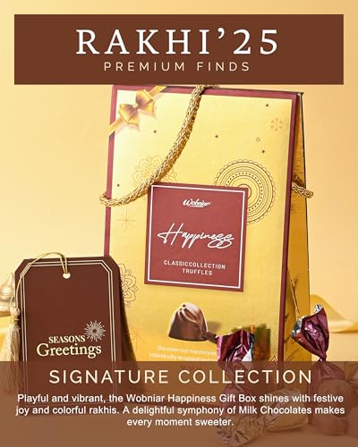 Image of Hyperfoods Rakhi with Chocolates Wobniar Happiness Chocolate Gift Pack 180 Grams Golden bag Twin Blossoms Rakhis Set of 2 with Roli & Rice Rakhi Set for Brother