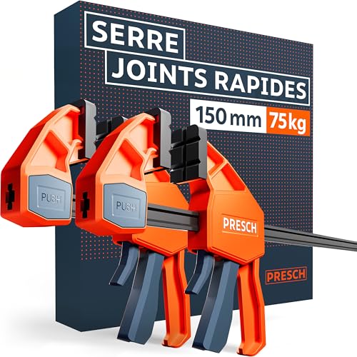 Presch Serre joint menuisier 150mm 2 pcs - Jeu de serre joints rapide avec force de serrage 75kg pour fixation immédiate - Stable grâce à l’acier carbone et fibre de verre - Avec fonction d'écartement