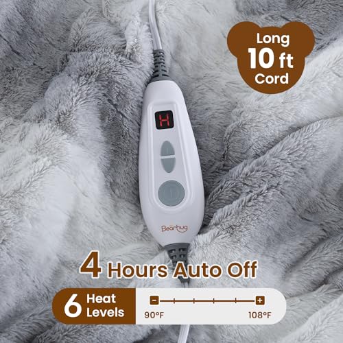Image of Bearhug Heated Blanket 6 Heat Settings Electric Blanket, 4-Hour Auto Shut-Off, Luxurious Faux Fur & Sherpa Dual-Sided Heated Throw, Machine Washable, 50 x 60 Inches, Gift-Ready Elegant Packaging