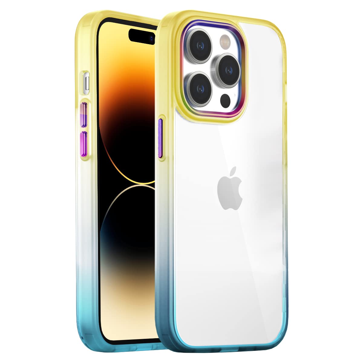 BUFF LABS iPhone 14 Pro Air Bumper Rainbow Kılıf Darbe Önleyici Arkası Şeffaf Gökkuşağı Kapak (Sarı Yeşil)