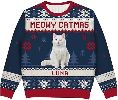 LASFOUR Personalized Meowy Catmas Christmas Sweater