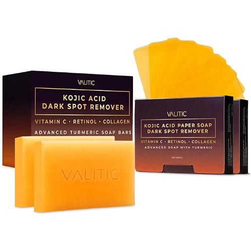 VALITIC Kojic Acid and Turmeric Dark Spot Corrector Soap – Skin Care Beauty Set Gift - Cleansing Duo Kit 2 Soap Bars and 200 Melting Paper Sheets - Infused with Vitamin C, Retinol and Collagen
