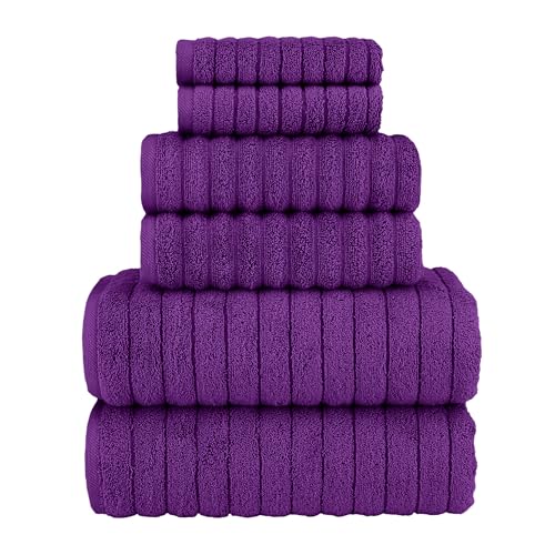 Image of Elegant Comfort 100% Turkish Cotton Corduroy Ribbed Luxury Bath Towels 6-Piece Set, Premium Feel - Quick Dry, Highly Absorbent, Contains 2 Bath Towels, 2 Hand Towels, and 2 Washcloths, Purple