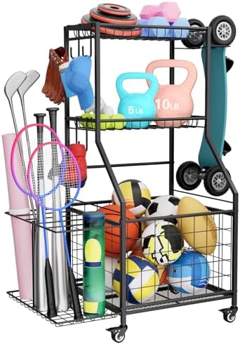 WUC Sports Equipment Organizer, Garage Ball Storage Rack with Basket & Hooks, Heavy Duty Rolling Ball Carts with Wheels for Toy Sports Gear Storage, Black