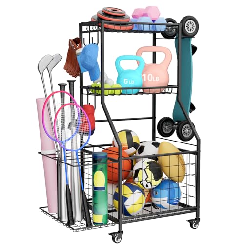 WUC Sports Equipment Organizer, Garage Ball Storage Rack with Basket & Hooks, Heavy Duty Rolling Ball Carts with Wheels for Toy Sports Gear Storage, Black
