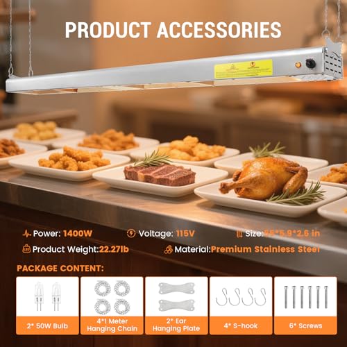 55-Inch Food Heat Lamp, 1400W Commercial Food Warmer Lamp Electric Strip Heater Overhead Stainless Steel Heat Lamps for Buffet Restaurant Parties Catering, Sliver 115V