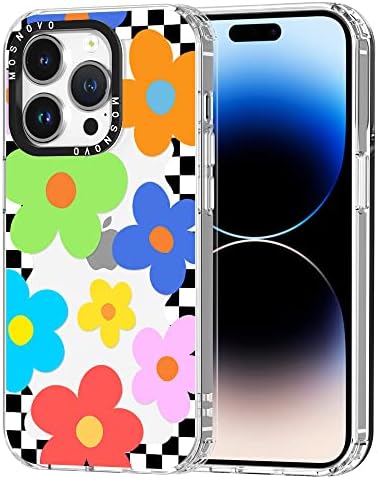 MOSNOVO Compatible with iPhone 14 Pro Case, [Buffertech 6.6 ft Drop Impact] [Anti Peel Off Tech] Clear TPU Bumper Phone Case Cover with 60's Checkered Floral Designed for iPhone 14 Pro 6.1"