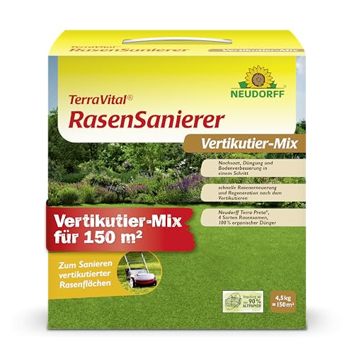 Neudorff TerraVital RasenSanierer – Vertikutier-Mix für 150 m² zur Neuanlage und Ausbesserung lückenhafter Rasenflächen nach dem Vertikutieren, schnellkeimend, 4,5 kg