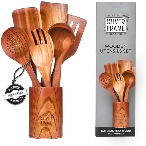 Teak Wood Cooking Utensils Set with Holder Cover
