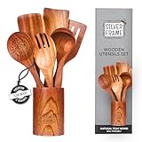 Utensilios de cocina de madera, antiadherentes, duraderos, juego de 7 piezas con soporte grande, espátula de madera de teca con agarre cómodo para cocinar, ensaladas, arroz. Silver Frame