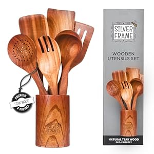 Teak Wooden Kitchen Utensils Set with Holder – 7- Piece Natural Wood Cooking Spoons & Spatulas, Non-Stick Safe, Heat-Resistant, Durable Kitchen Tools