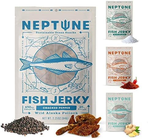 Neptune Fish Jerky Variety 4-Pack - Wild Caught Pacific RockFish and Alaska Pollock 2.25oz Bags | Gluten-Free & Paleo | 25g Protein & 450mg Omega 3s | Sustainably Sourced from Small US Fisheries