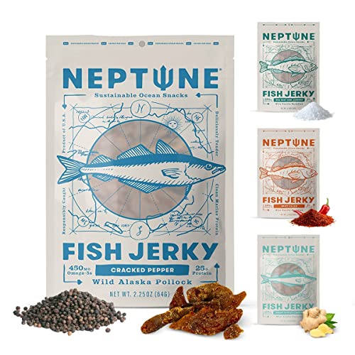Neptune Fish Jerky Variety 4-Pack - Wild Caught Pacific Rockfish And Alaska Pollock 2.25Oz Bags | Gluten-Free & Paleo | 25G Protein & 450Mg Omega 3S | Sustainably Sourced From Small Us Fisheries #TOP16