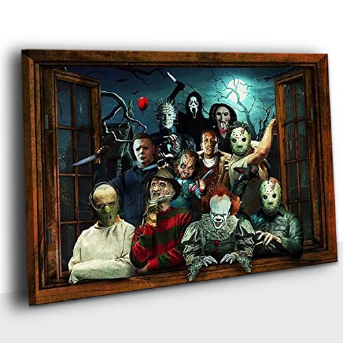 Horror Characters Window Movie Posters Halloween Gifts Modern Horror Canvas Poster Decorative Painting on Canvas Wall Decor for Living Room Bedroom (12x18in(30x45cm),Frame,h-4)