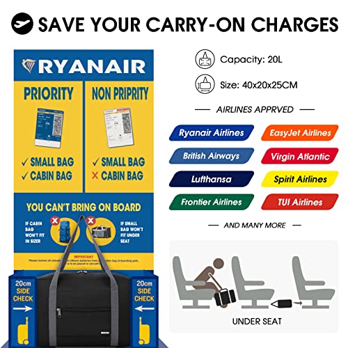 Ryanair Handgepäck 40x30x20, 40x20x25 Handgepäck Tasche für Flugzeug Reisetasche Klein Faltbare Sporttasche Weekender Koffer für Herren und Damen von WANDF(Schwarz 20L mit Schultergurt)
