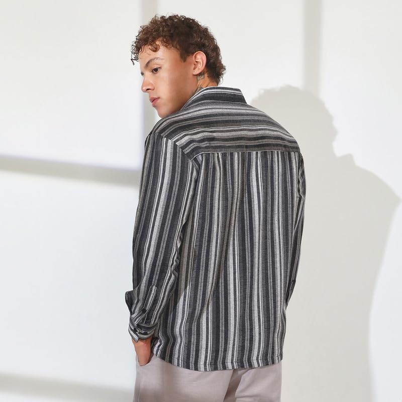 Image of CAHOOT Men's Multitrack Striped Oversized Shirt for Casual Wear | Spread Collar | Long Sleeve | Button Closure | Oversized Shirt Crafted with Comfort Fit for Everyday Wear