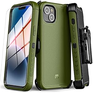 M MYBAT PRO Shockproof Maverick Series Case for iPhone 14 Plus Case with Belt Clip Holster and Tempered Glass, 6.7 inch, Heavy Duty Military Grade Drop Protective, with 360° Rotating Kicksta