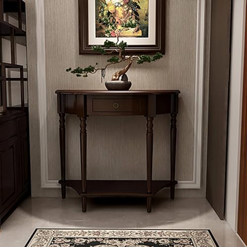 HSHBDDM Half Moon Console Table,Solid Wood Console Tables with Drawer and Shelf,Semi Circle Entryway Table,Vintage Sofa Table for Living Room, Hallway & Entrance Decor