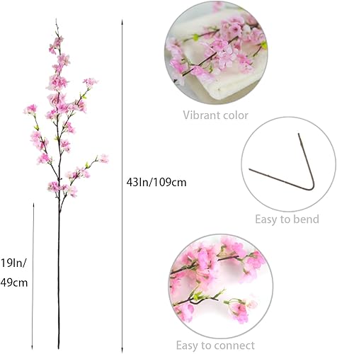 Miniatura 2 de 4 flores artificiales de cerezo de 43 pulgadas de largo para decoración de flores de cerezo para decoración del hogar, boda al aire libre (rosa)