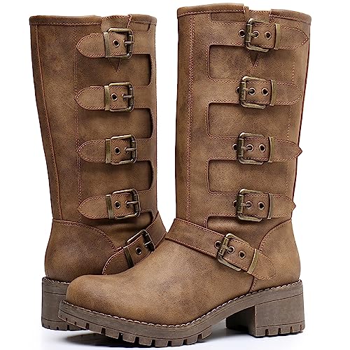 Image of GLOBALWIN Chunky Mid Calf Fashion Dressy Motocycle Biker Military Style Combat Boots for Women Low Heel