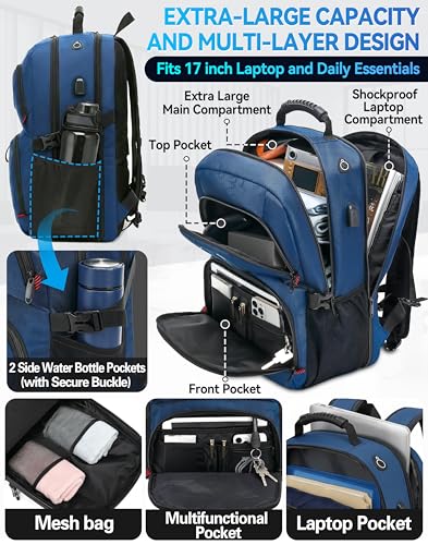ProEtrade Travel Backpack, Extra Large Laptop Backpack Business Anti Theft TSA Approved College Work Computer Bag Fits 17 Inch Laptop with USB Charging Port for Women Men(Blue) - Image 3