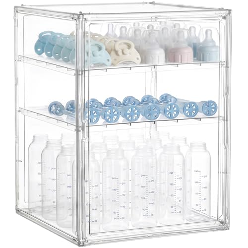 Image of HBlife Baby Bottle Storage Organizer for Countertop Cabinet, 3 Tiers Adjustable Clear Acrylic Bottles Storage Station Case Box Container with 2 Removable Dividers and Magnetic Door, XXL