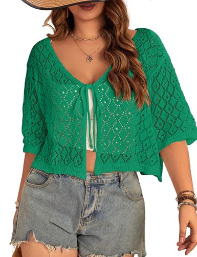 Image of Women's Plus Size Crochet Cardigan Crop Short Sleeves Tie Front Lightweight Knitwear
