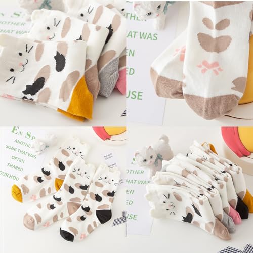 Image of Cat Themed Mid Calf Socks - 5 Pairs Cotton Animal Socks for Women & Girls