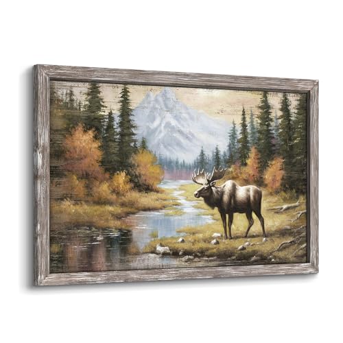 Image of Wildlife Painting Framed Wall Art: Majestic Moose in Forest Picture Rustic Wild Animal Artwork Elk Deer Prints for Living Room Farmhouse Bedroom
