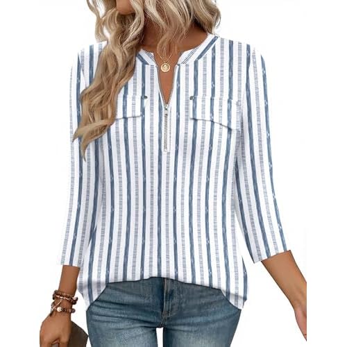 LOMON 3/4 Length Sleeve Womens Tops Business Casual Zip Front V Neck Shirt Loose Fit Work Tunic Blouse White Blue Stripes Large
