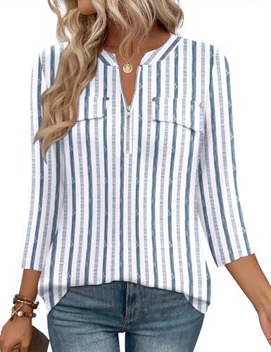 LOMON 3/4 Length Sleeve Womens Tops Business Casual Zip Front V Neck Shirt Loose Fit Work Tunic Blouse