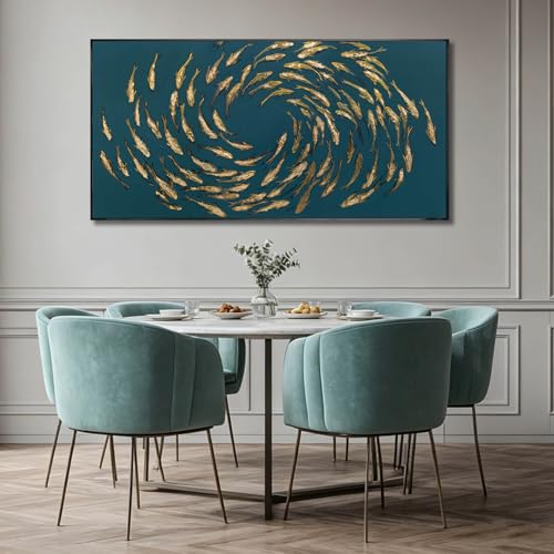 Image of Fish Gold Wall Decor Ocean Sea Framed Large Canvas Wall Art for Living Room Circle Print Pictures Paintings Artwork for Bedroom Office 24 inchx48 inch