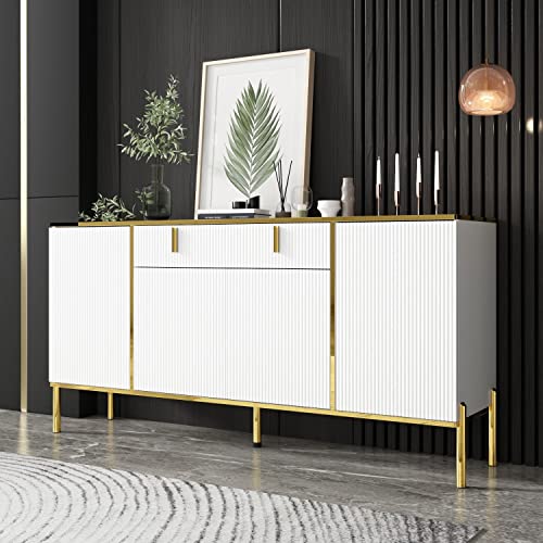 Famapy Modern Credenza Sideboard Buffet With Drawer & Pop-Up Doors, Buffet Sideboard Storage Cabinet With Gold Metal Legs, For Living Room Hallway White And Gold (63”W X 15.7”D X 31.5”H) #TOP3