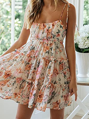 Image of kinstell Women's Boho Spaghetti Strap Ruffle Square Neck Bowknot Backless Sleeveless Elegant Flowy Mini Short Skater Dresses