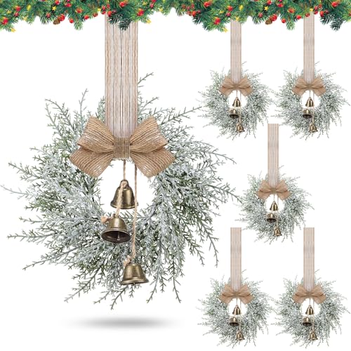 Civaner 6 Pcs Small Christmas Wreath Real Touch 10 Inch Christmas Kitchen Cabinet Wreaths with Bell Mini Wreaths Rustic Farmhouse Decoration for Xmas Front Door Window Home Table Pillar Decor