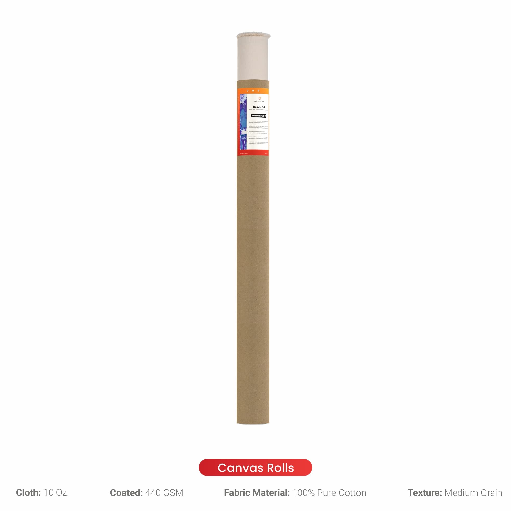 Scholar Art® Artist Series 10 Oz (440 GSM) Medium Grain Primed Cotton Canvas Roll for Oil & Acrylic Painting (100% Cotton Rolled Canvas for Painting), White (42 Inch x 5 Meter)