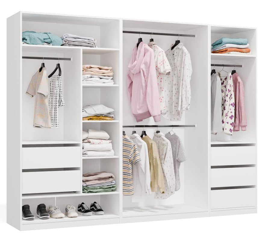 BDW - OPENO Modulares Garderoben Set – Offener Kleiderschrank - Moderne Garderobe mit Kleiderstangen, Schubladen, Regalen und Aufsätzen für Schlafzimmer, Flur oder Ankleidezimmer - Modul 260x200, Weiß