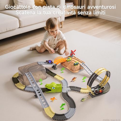 Tumama Pista Da Corsa Dinosauro Macchinine Elettrica A 360 Loops, 255 Pezzi Trenino Elettrico E Ferrovie Per Bambini 3 5 6 9 Anni Con 2 Auto, Set Di Pista Macchine Dino Giocattolo, Camion Cars Giochi - 2