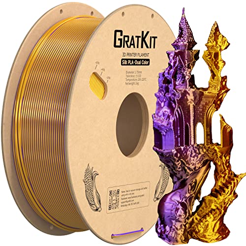Image of Gratkit Silk Dual Color PLA Filament, 1.75mm, 1KG, Silk PLA Purple & Gold | Bi Color 3D Printer Filament, 2 in 1 Coextrusion PLA, + /-0.03mm, Fit for Most FDM 3D Printers