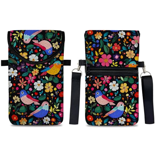 Image of Neoprene Cell Phone Sleeve Pouch Case Bag with Crossbody Strap Neck Lanyard for Women 7.5 X 4.3 in Flower Bird