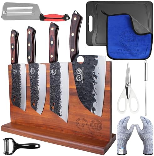 XYJ Knife Block Set,High Carbon Steel Blade Knives Set with Magnetic Knife Block,Cutting Board,Honing Steel,Scissors,Cut Resistant Gloves,Cleaver Vegetable Kitchen Knives,Full Tang Handle