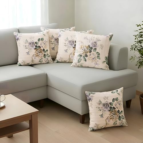 Image of Clasiko Cotton Cushion Covers 22x22 - Set of 5 Decorative Cushion Covers, Lilac Fleur, Soft Cotton, Hidden Zip, Sofa & Bedroom Decor