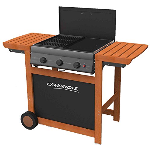 Campingaz Barbecue Gaz Adelaide 3 Woody, 3 Brûleurs BBQ Gaz, Puissance 14kW, Système de Nettoyage Facile InstaClean, Grille et Plancha en Acier Double Emaillage, 2 Tablettes Latérales